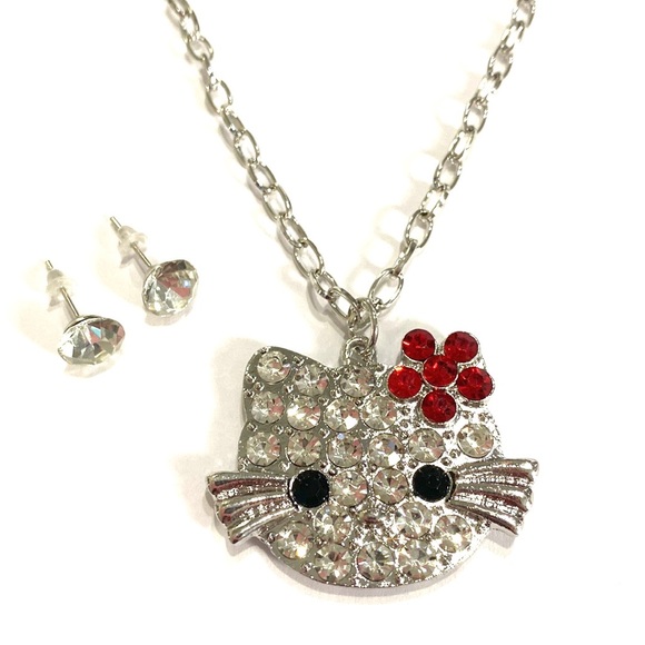Hello Kitty Necklace Earrings Set Silver Tone Large Face Red Bow - Picture 3 of 3